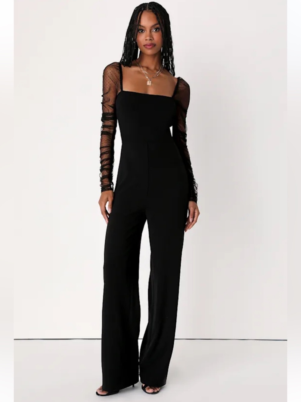 NWT Lulu’s Made to Amaze Black Dotted Mesh Long Sleeve Jumpsuit Medium witchy
